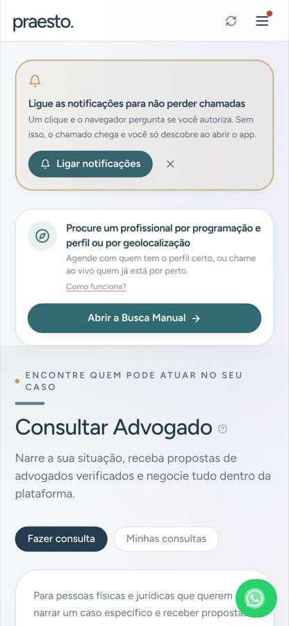 Tela Consultar Advogado dentro do app: área, relato do caso e anexos