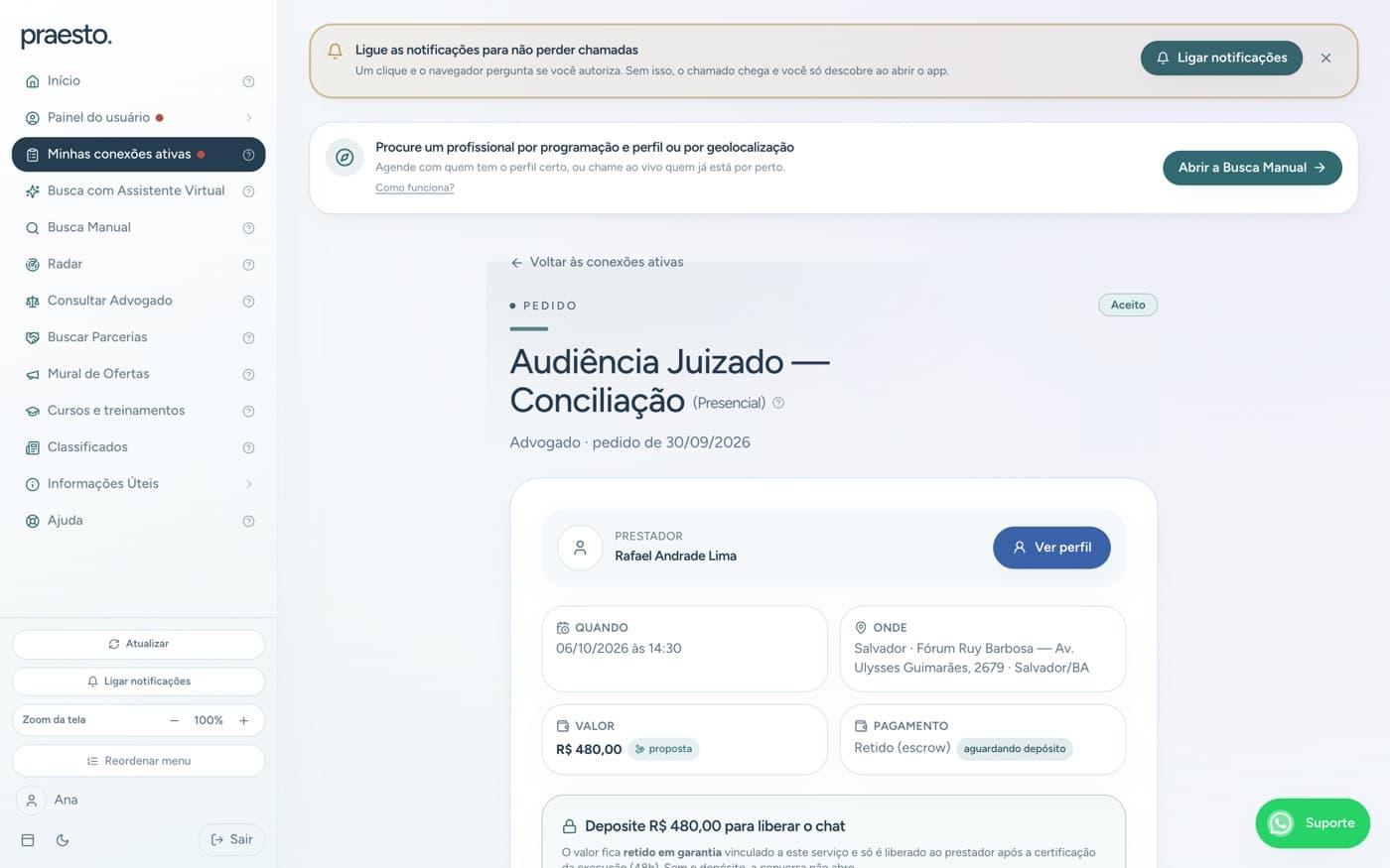 Tela de depósito em garantia de uma contratação