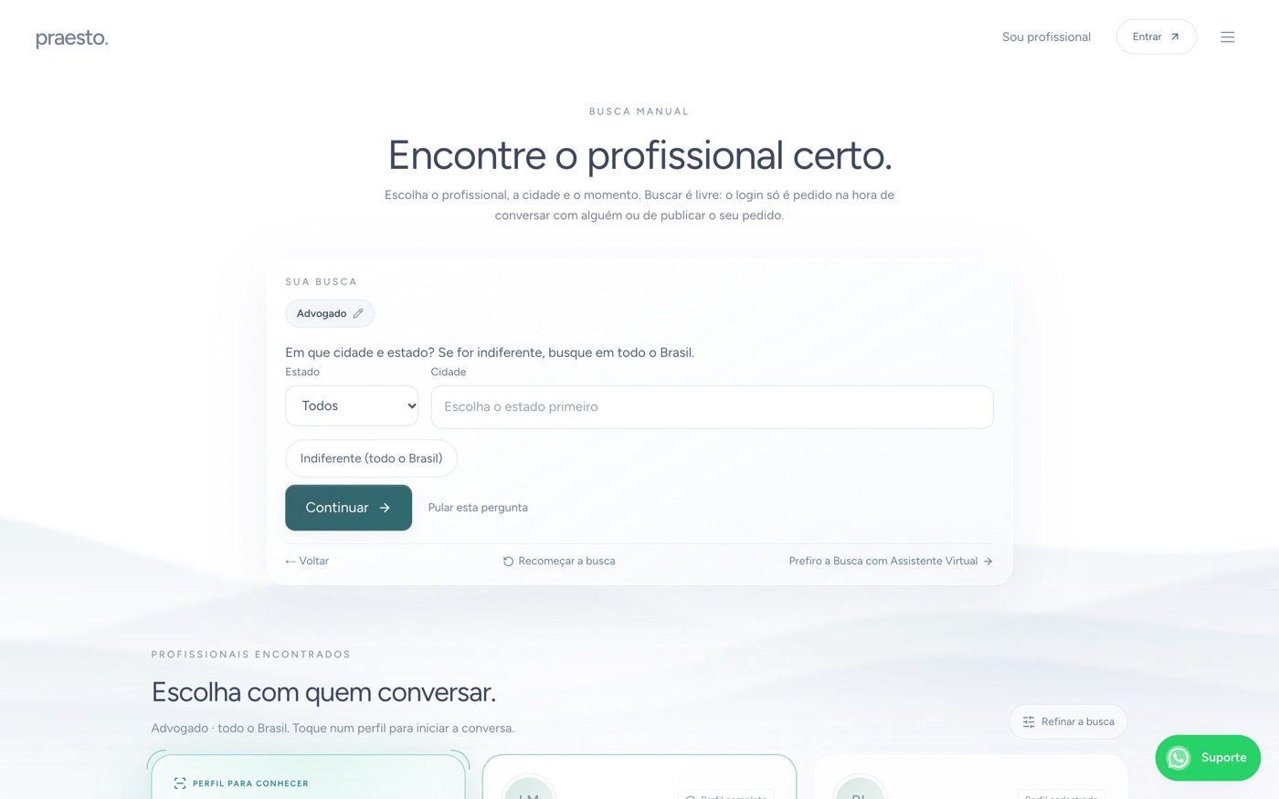 Busca Manual — escolha o profissional, a cidade e o momento