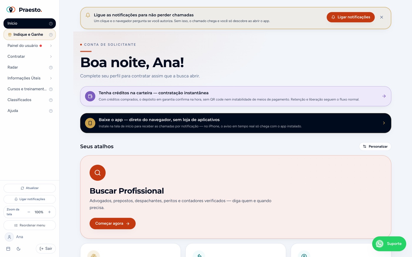 Painel do solicitante