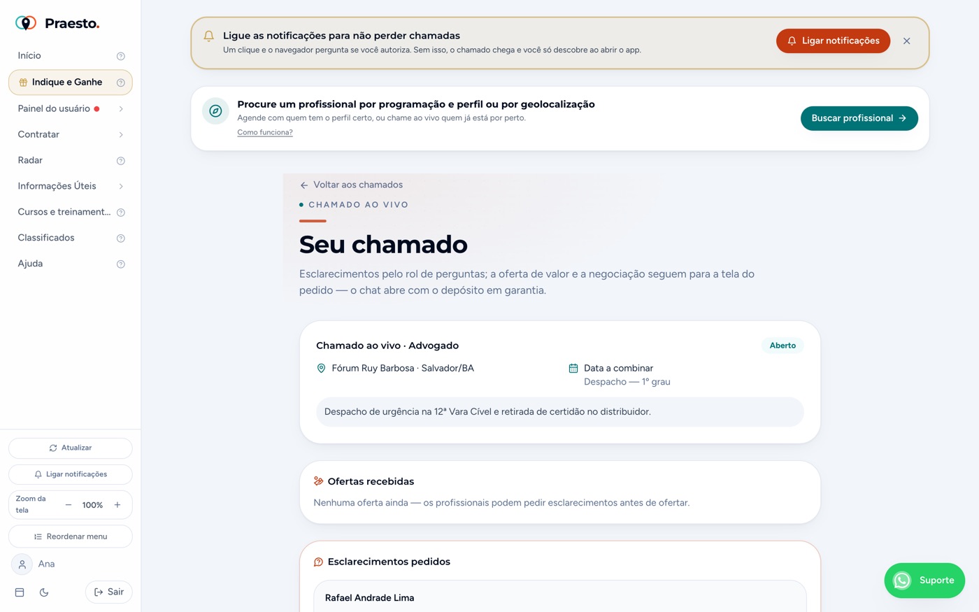 Chamado — Q&A e ofertas