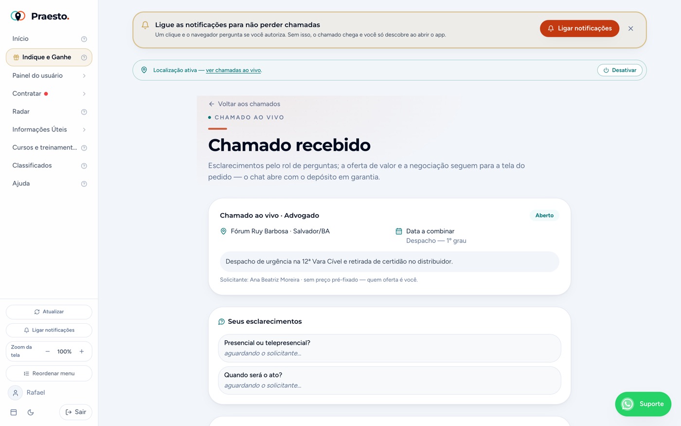 Chamado recebido — esclarecimento pendente