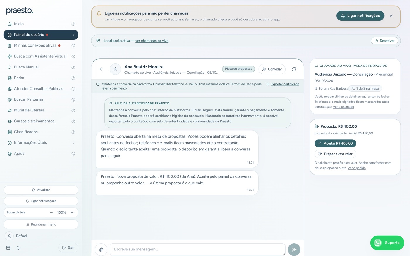Chamado ao vivo — negociar o valor no chat