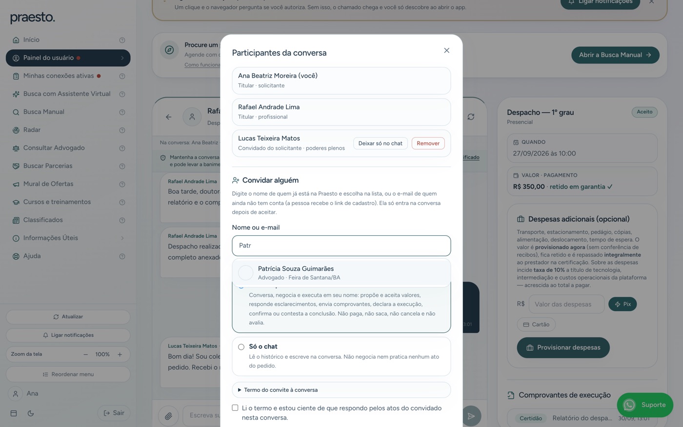 Convidar alguém para a conversa (nome ou e-mail, poderes plenos ou só chat)