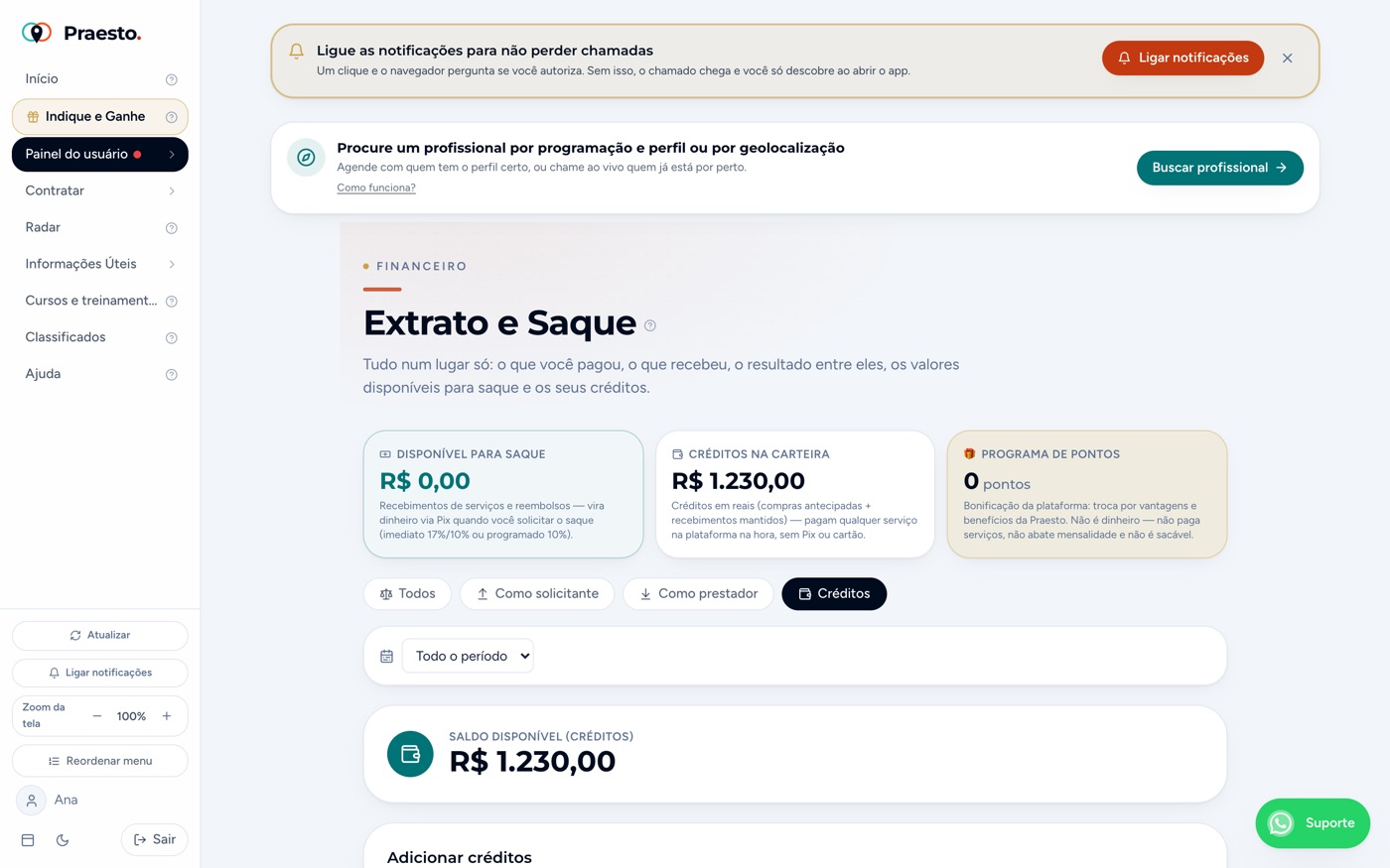 Créditos na carteira