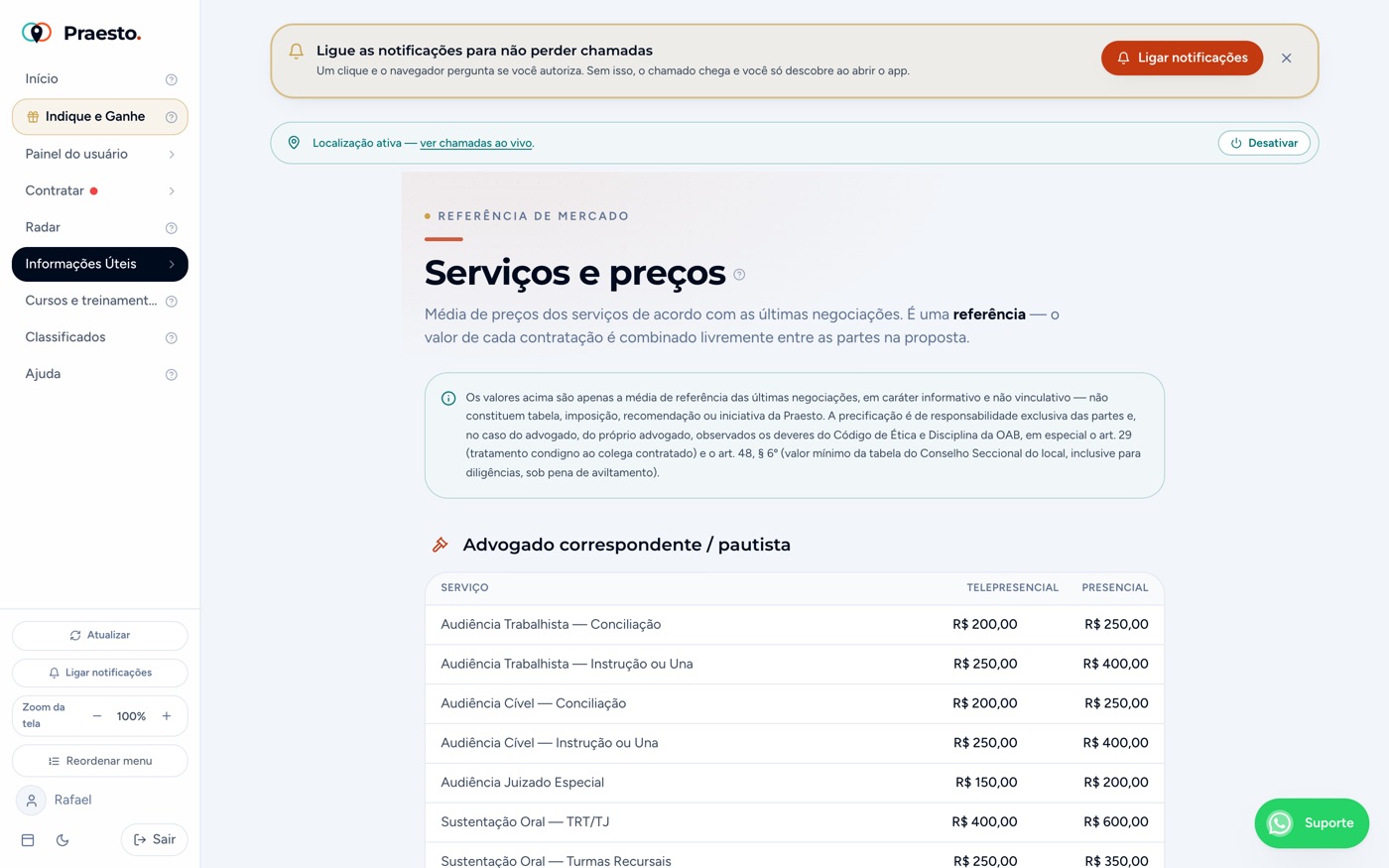 Serviços e preços