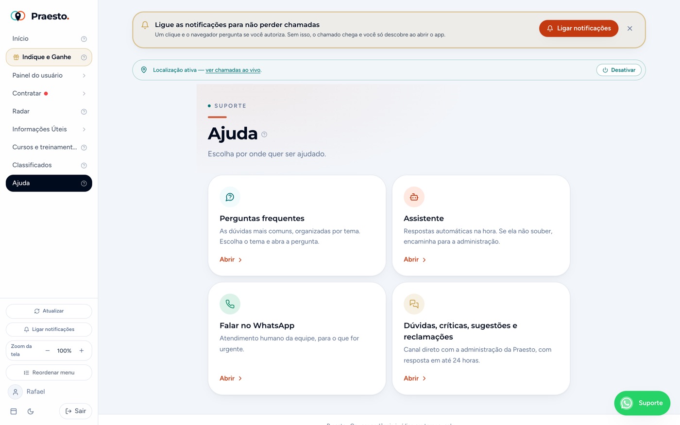 Ajuda (FAQ, assistente, WhatsApp)