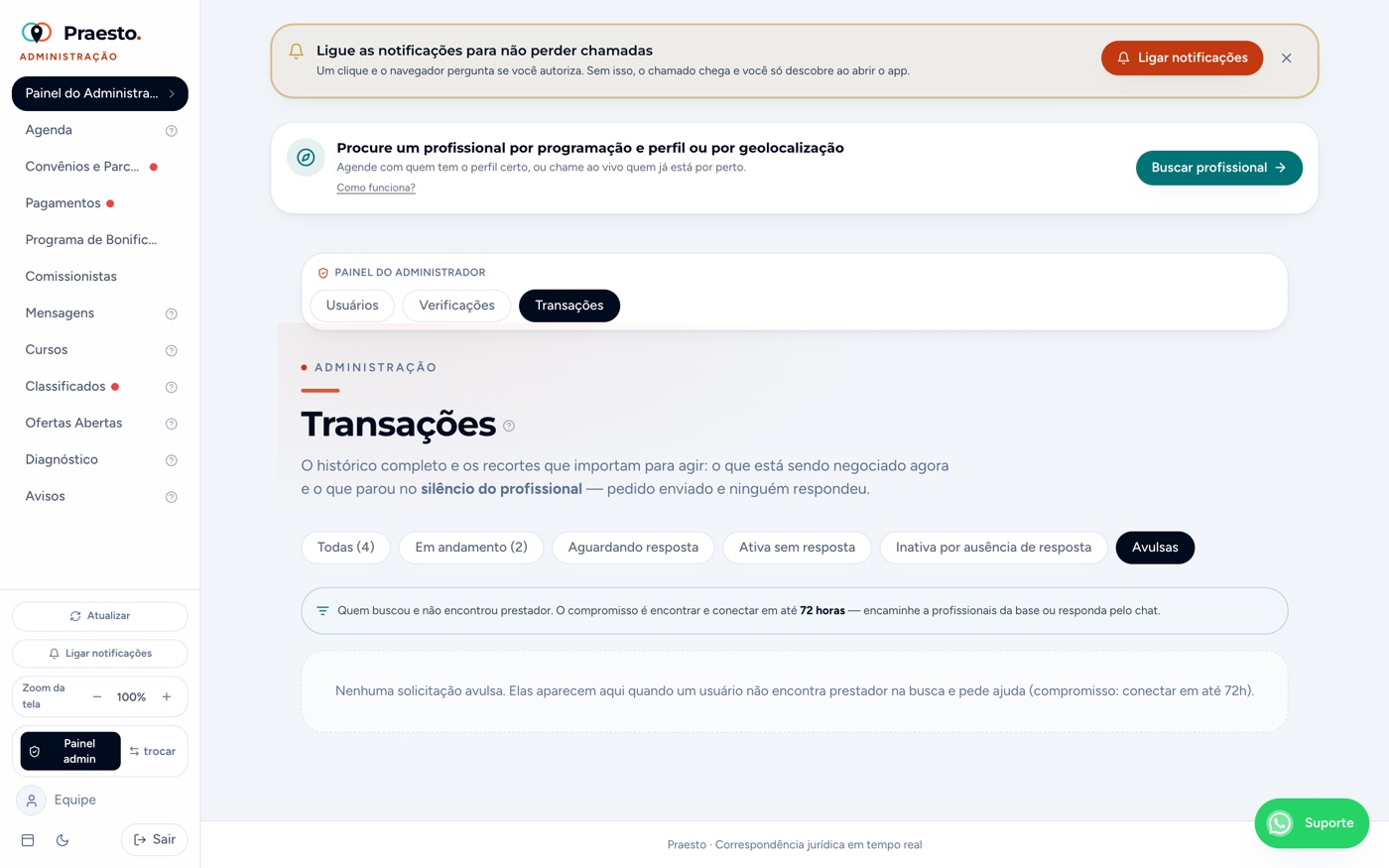 Transações — aba Avulsas