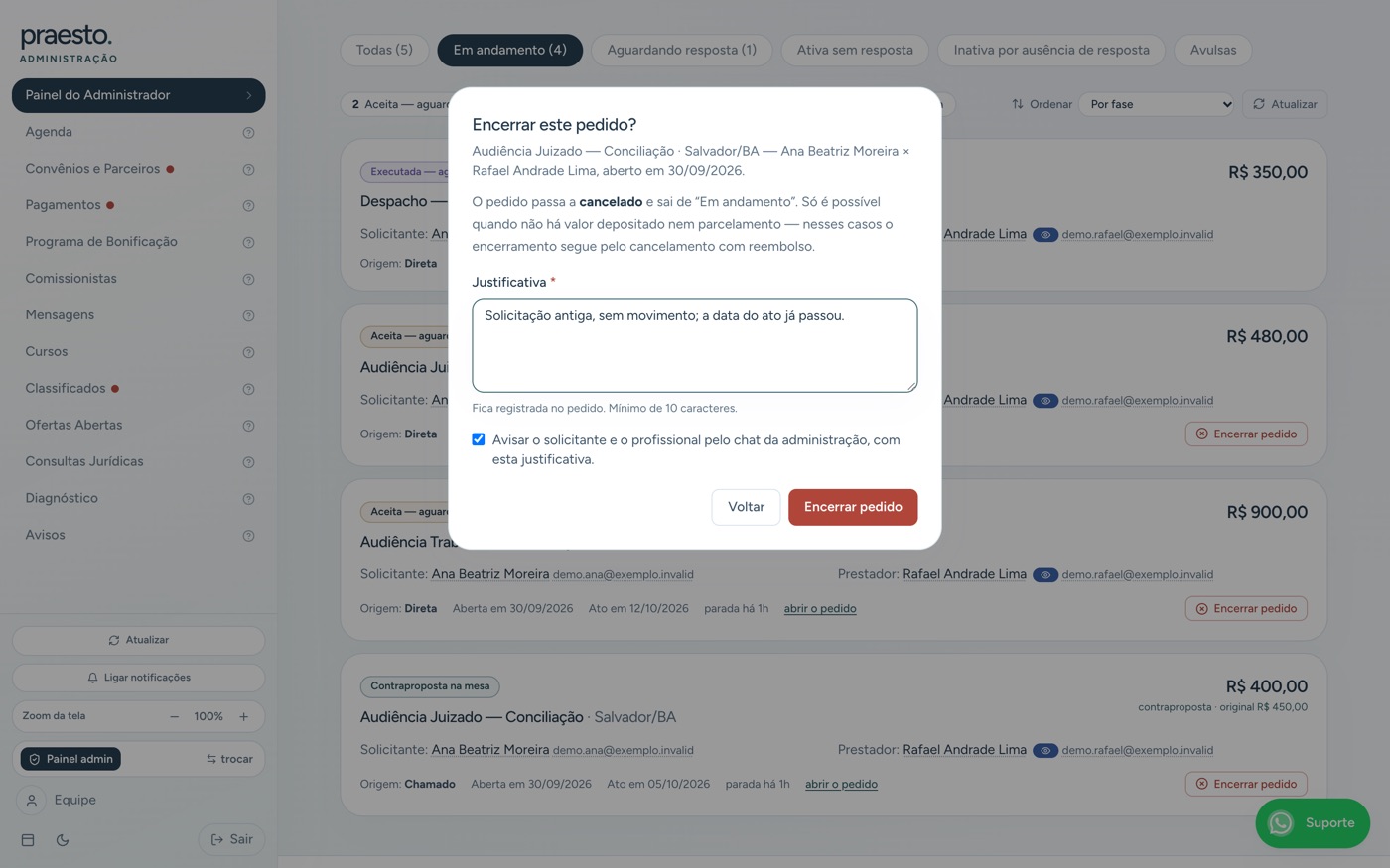 Transações — encerrar pedido parado, com justificativa