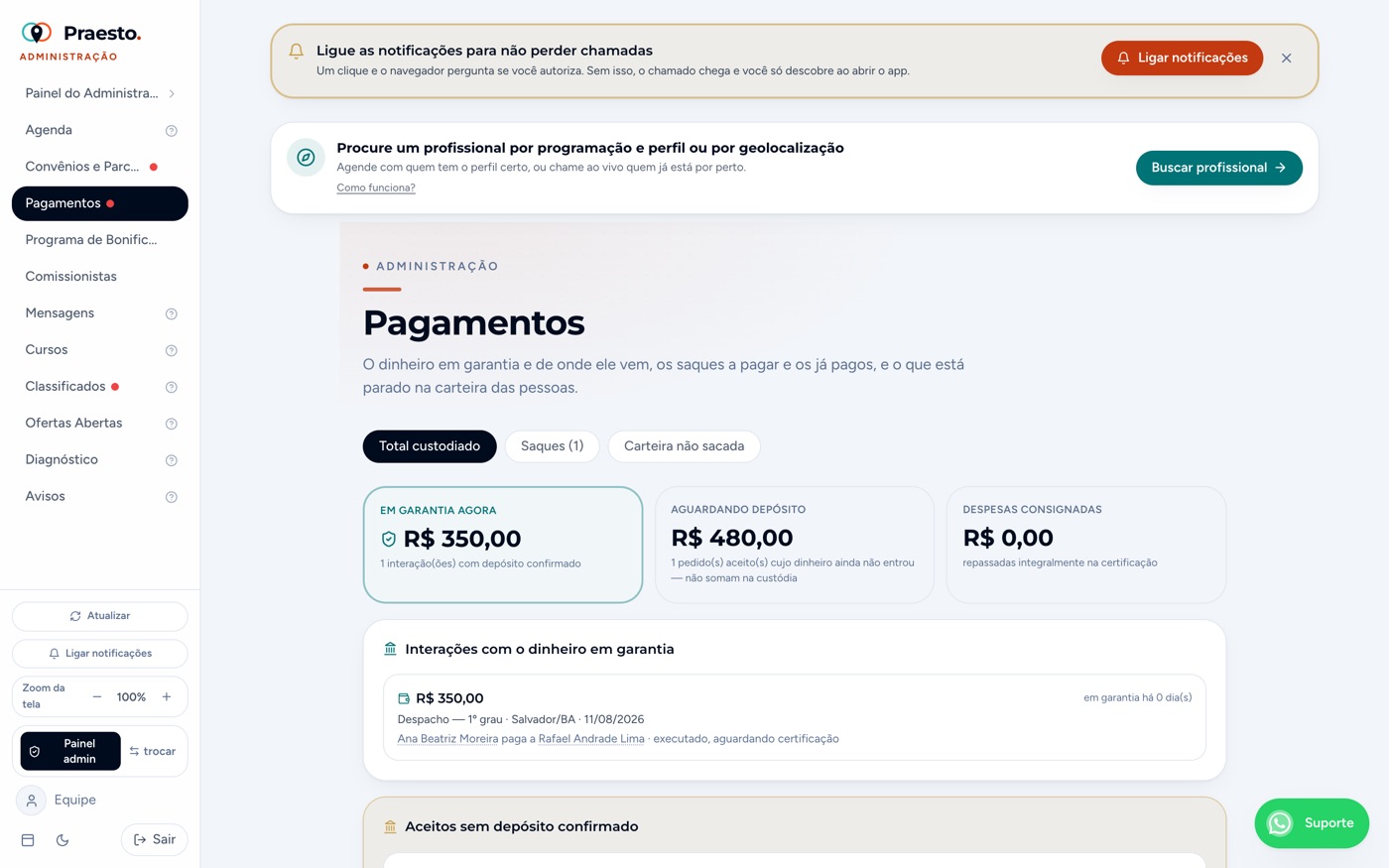 Pagamentos (custódia e saques)