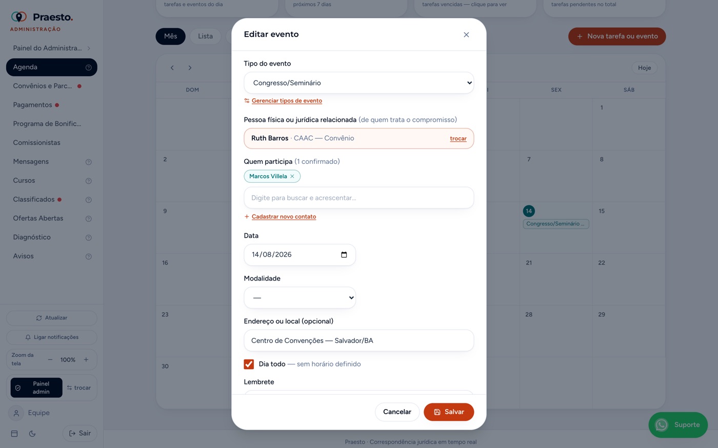 Agenda — editar evento (dados preenchidos)