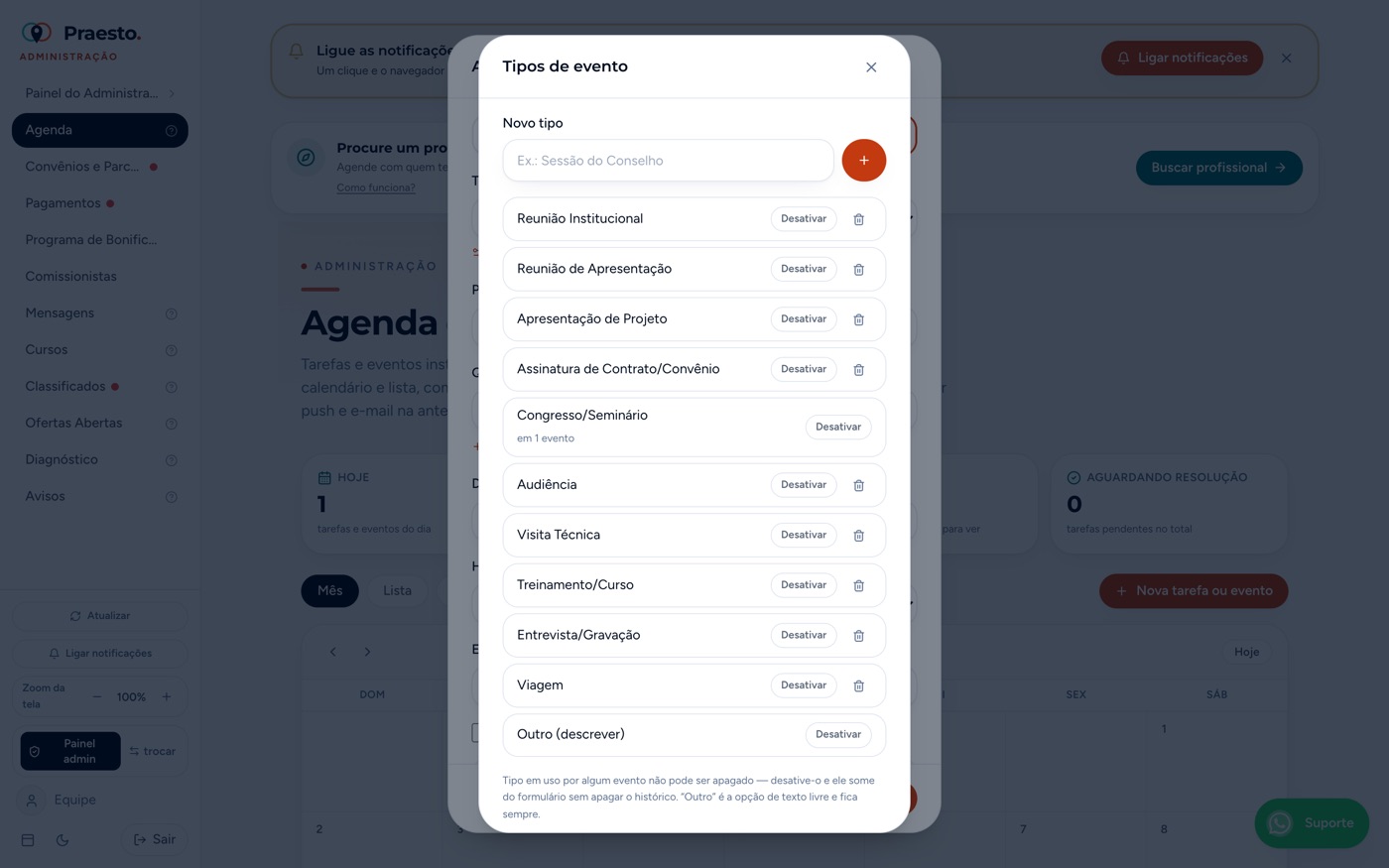 Agenda — gerenciar tipos de evento