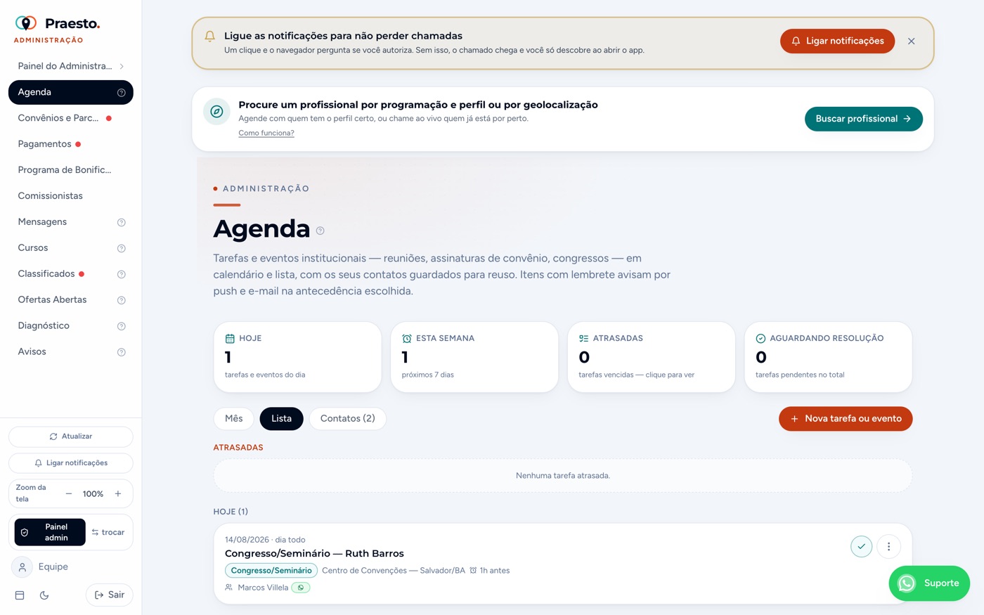 Agenda — lista por fatias (atrasadas/hoje/semana)